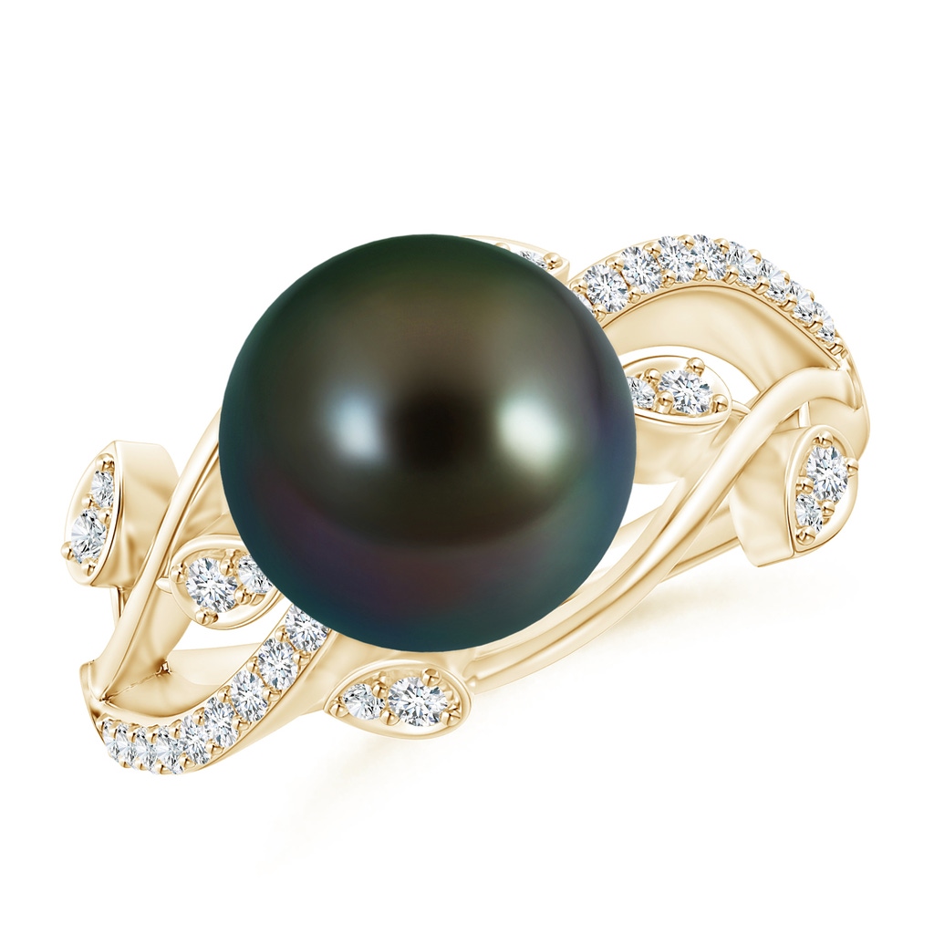 10mm AAAA Tahitian Pearl Olive Leaf Vine Ring in Yellow Gold
