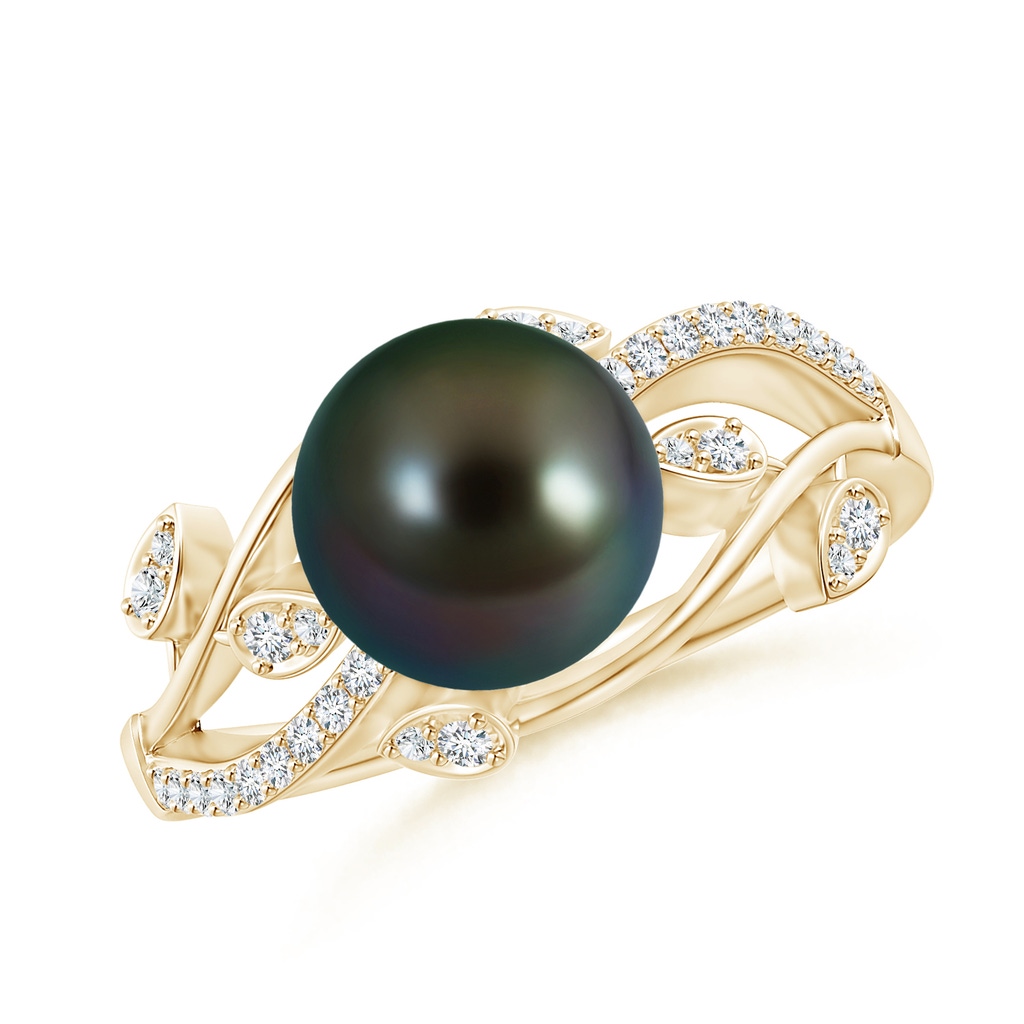 8mm AAAA Tahitian Pearl Olive Leaf Vine Ring in Yellow Gold