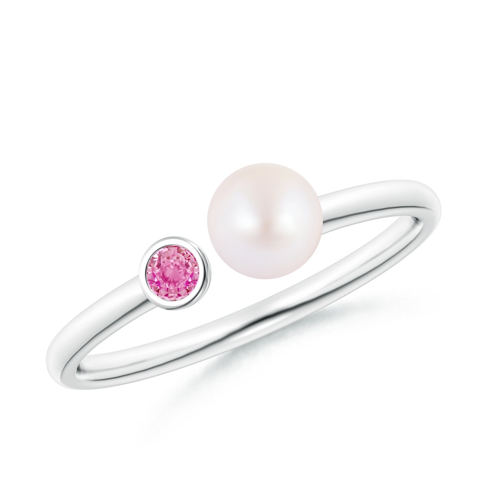 5mm AA Two Stone Japanese Akoya Pearl and Pink Sapphire Ring in White Gold 