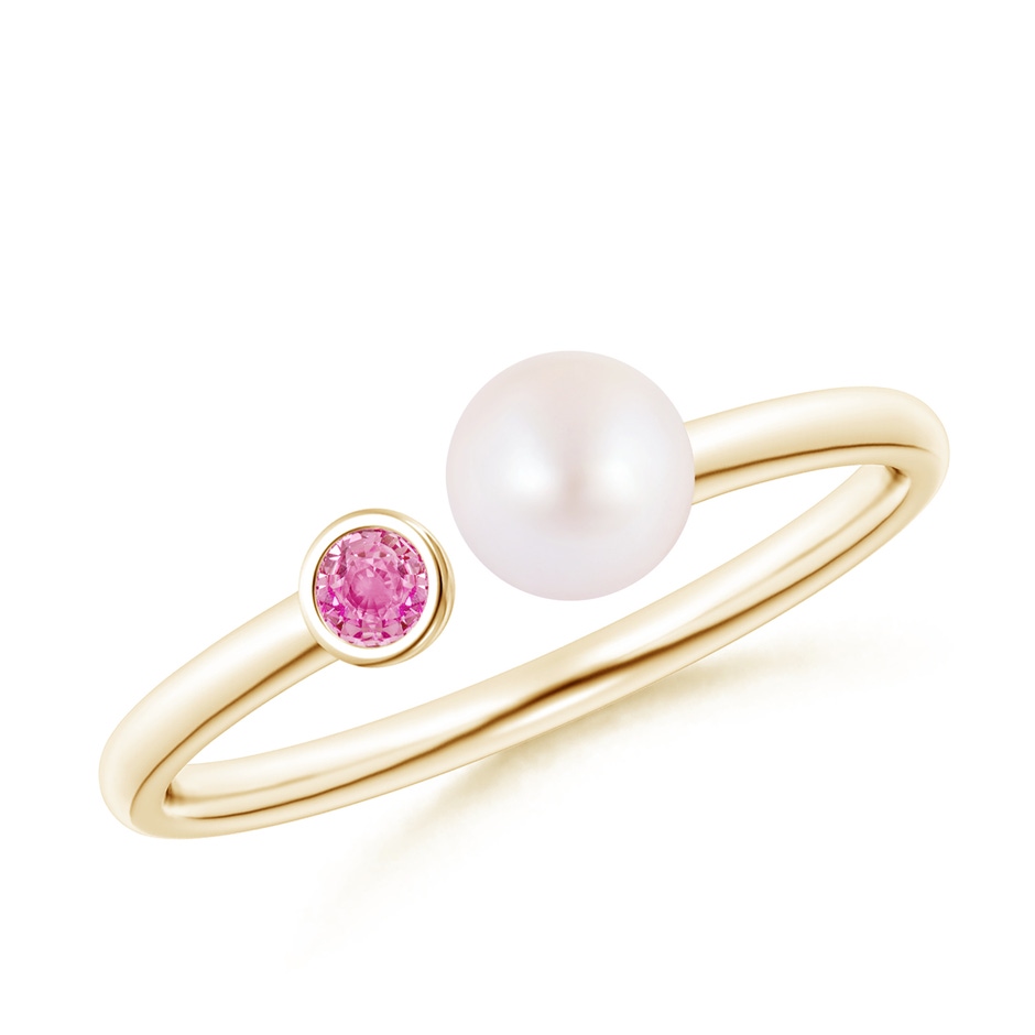 5mm AA Two Stone Japanese Akoya Pearl and Pink Sapphire Ring in Yellow Gold 