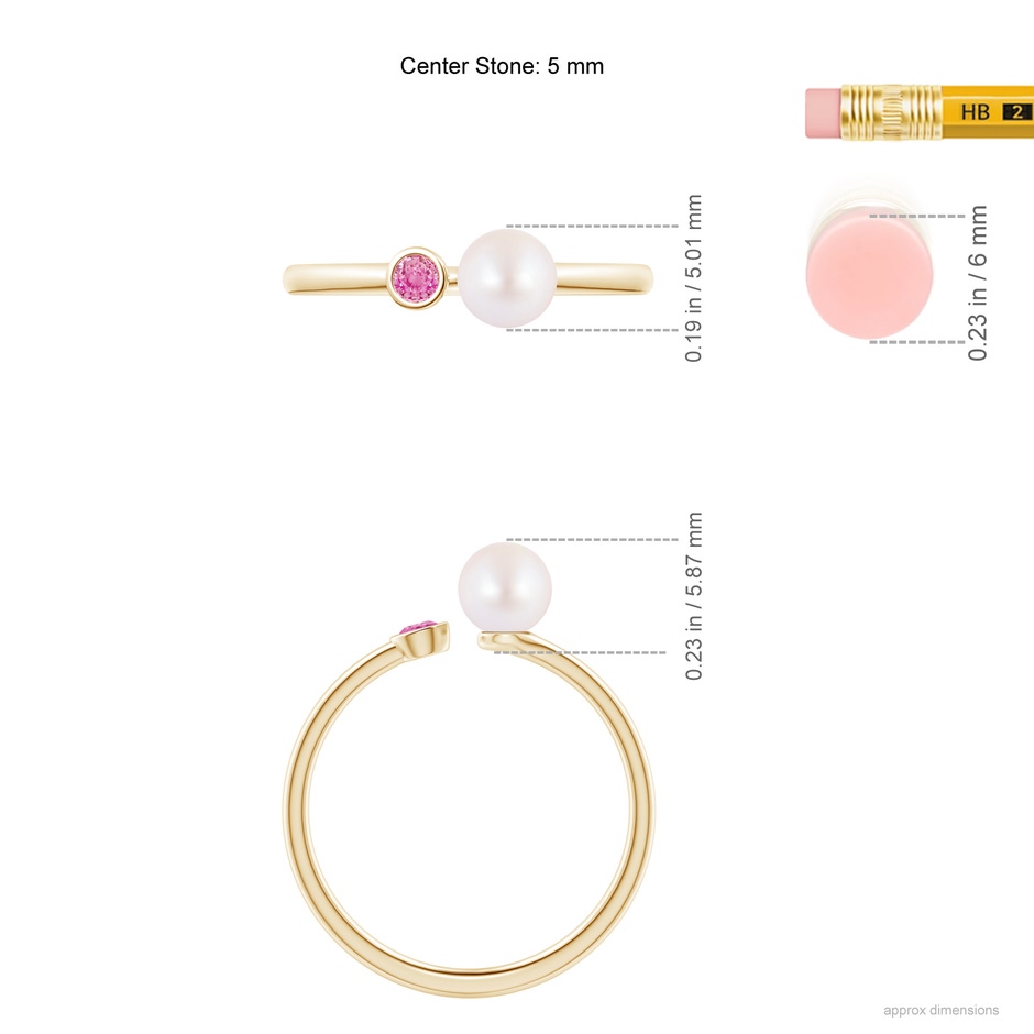 5mm AA Two Stone Japanese Akoya Pearl and Pink Sapphire Ring in Yellow Gold ruler
