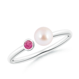 5mm AAA Two Stone Japanese Akoya Pearl and Pink Sapphire Ring in White Gold