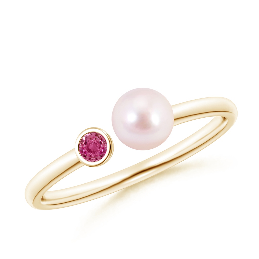 5mm AAAA Two Stone Japanese Akoya Pearl and Pink Sapphire Ring in Yellow Gold