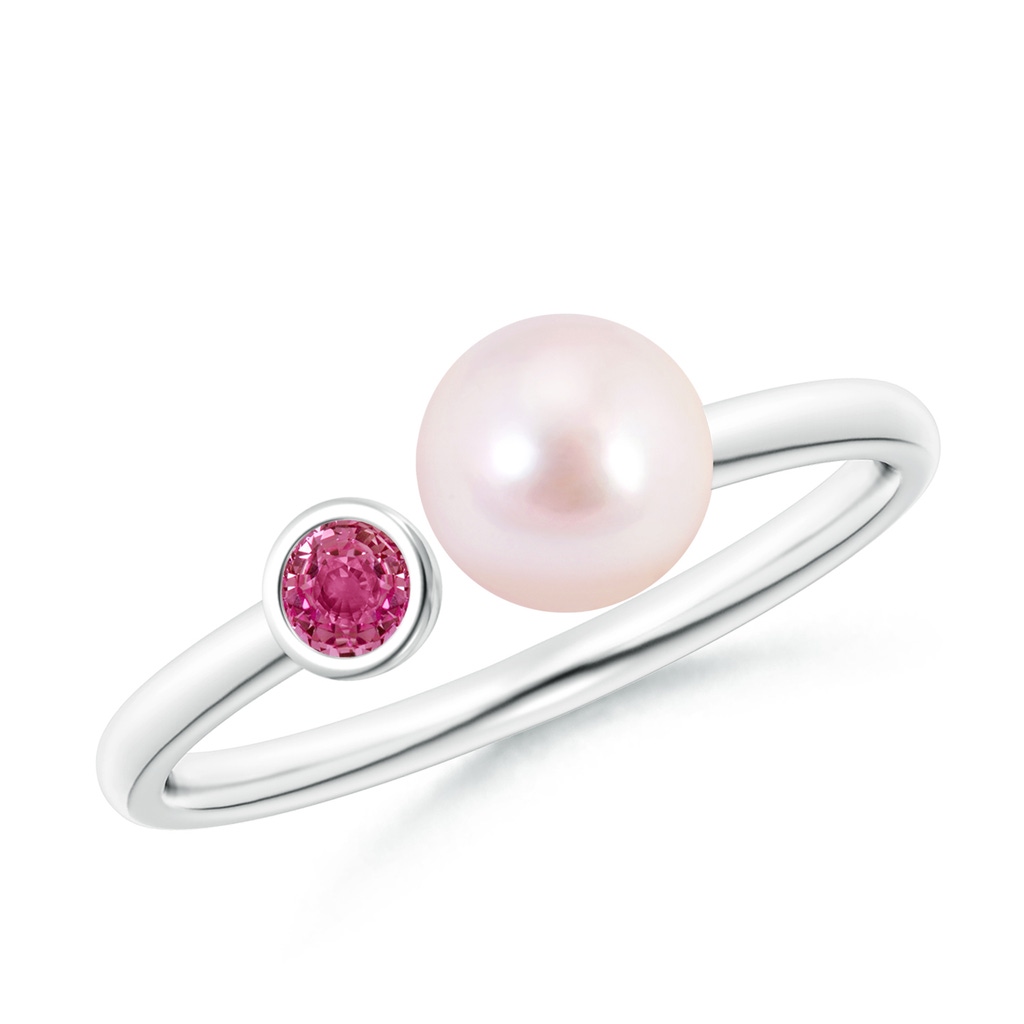 6mm AAAA Two Stone Japanese Akoya Pearl and Pink Sapphire Ring in White Gold