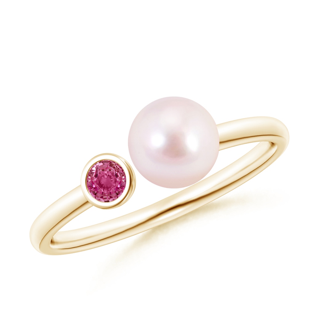 6mm AAAA Two Stone Japanese Akoya Pearl and Pink Sapphire Ring in Yellow Gold