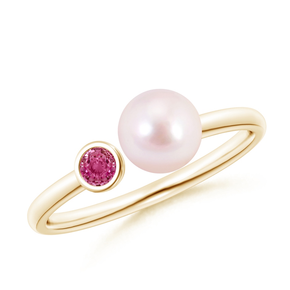 6mm AAAA Two Stone Japanese Akoya Pearl and Pink Sapphire Ring in Yellow Gold 