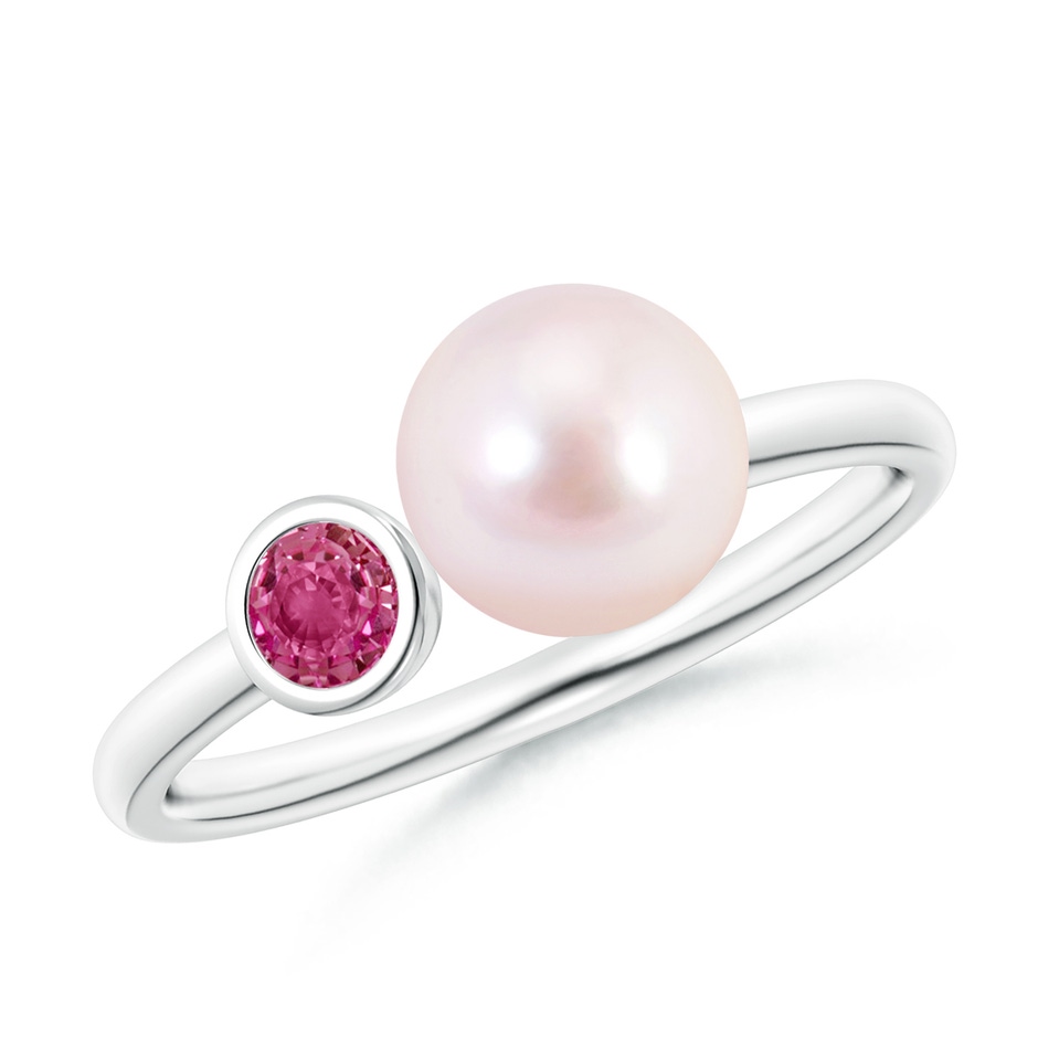 7mm AAAA Two Stone Japanese Akoya Pearl and Pink Sapphire Ring in P950 Platinum 