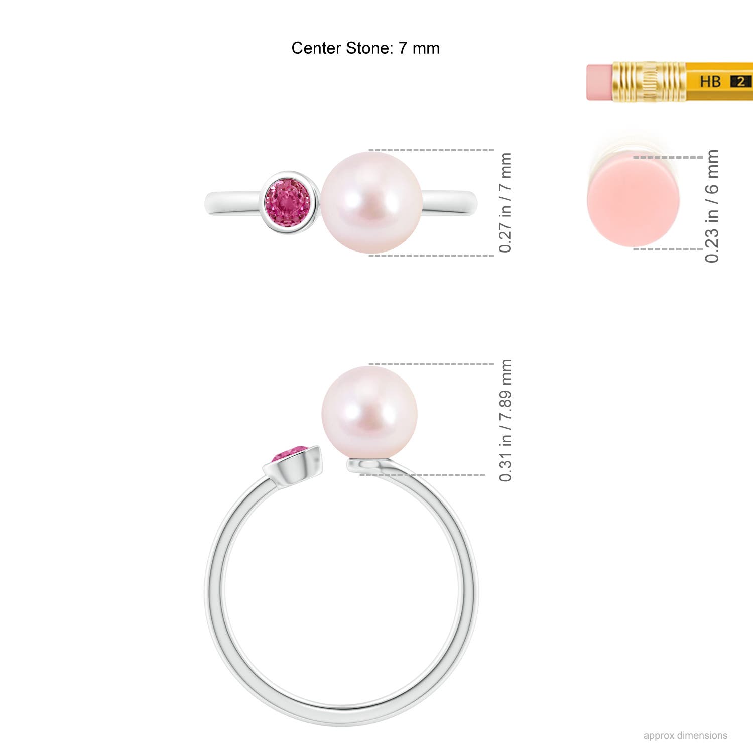 7mm AAAA Two Stone Japanese Akoya Pearl and Pink Sapphire Ring in P950 Platinum - ruler