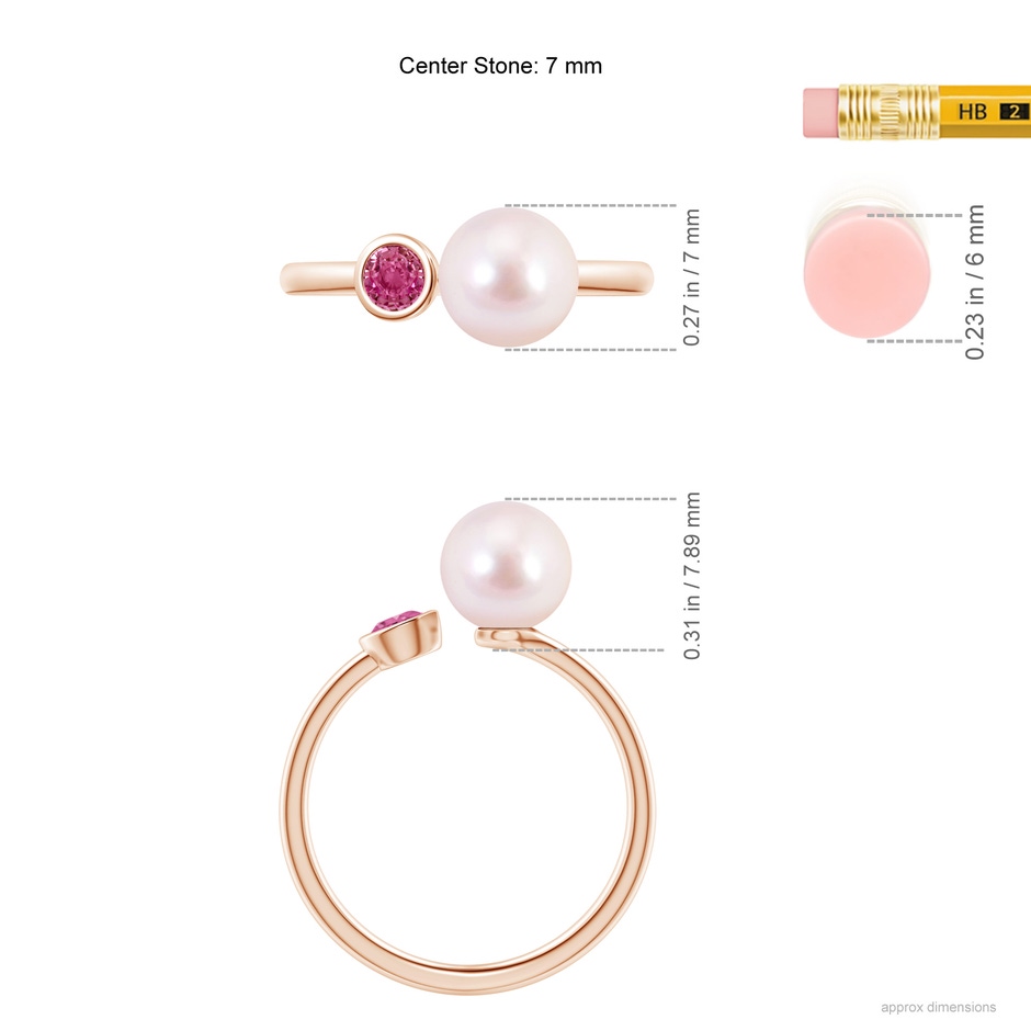 7mm AAAA Two Stone Japanese Akoya Pearl and Pink Sapphire Ring in Rose Gold ruler