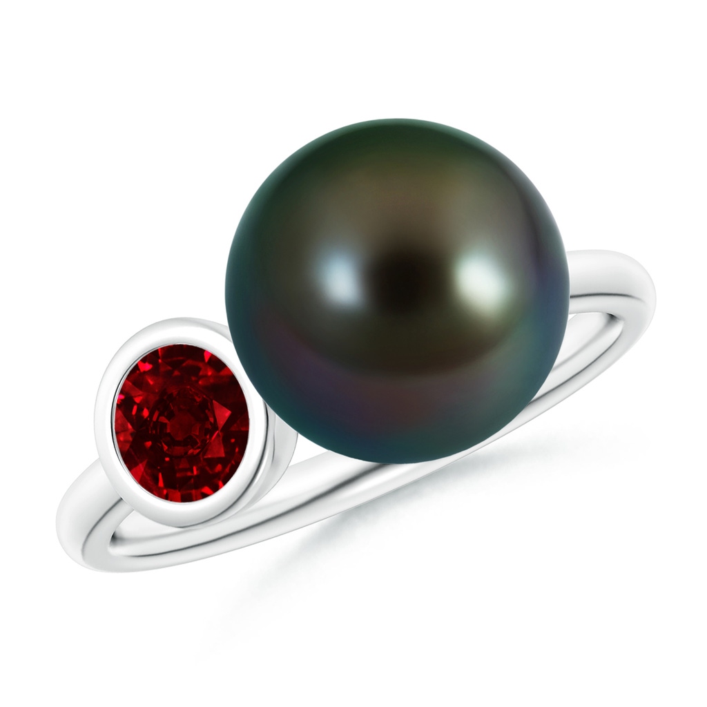 10mm AAAA Two Stone Tahitian Pearl and Ruby Ring in P950 Platinum