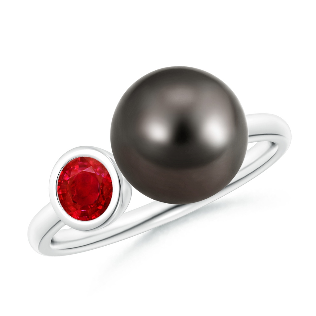 9mm AAA Two Stone Tahitian Pearl and Ruby Ring in White Gold