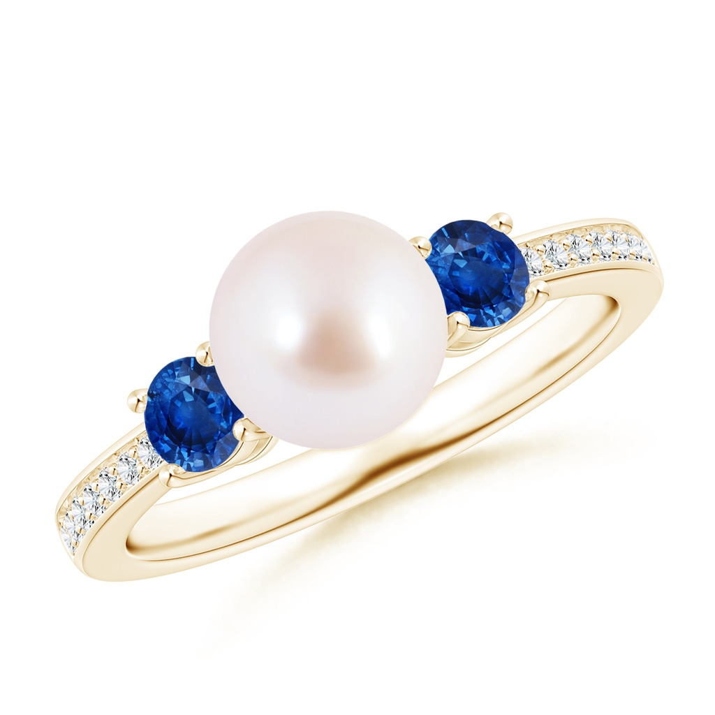 7mm AAA Japanese Akoya Pearl & Blue Sapphire Engagement Ring in Yellow Gold