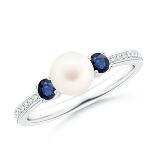 6mm AA Freshwater Pearl & Blue Sapphire Engagement Ring in P950 Platinum