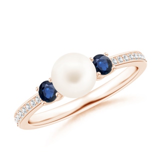 6mm AA Freshwater Pearl & Blue Sapphire Engagement Ring in Rose Gold