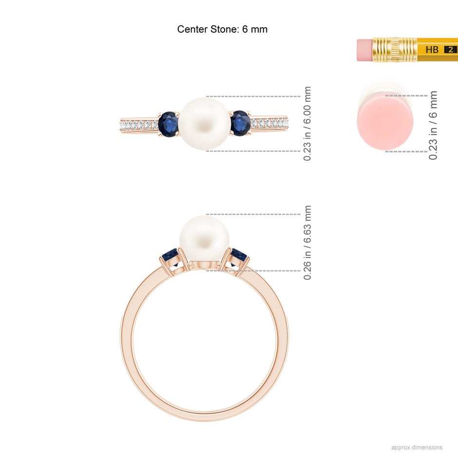 6mm AA Freshwater Pearl & Blue Sapphire Engagement Ring in Rose Gold ruler