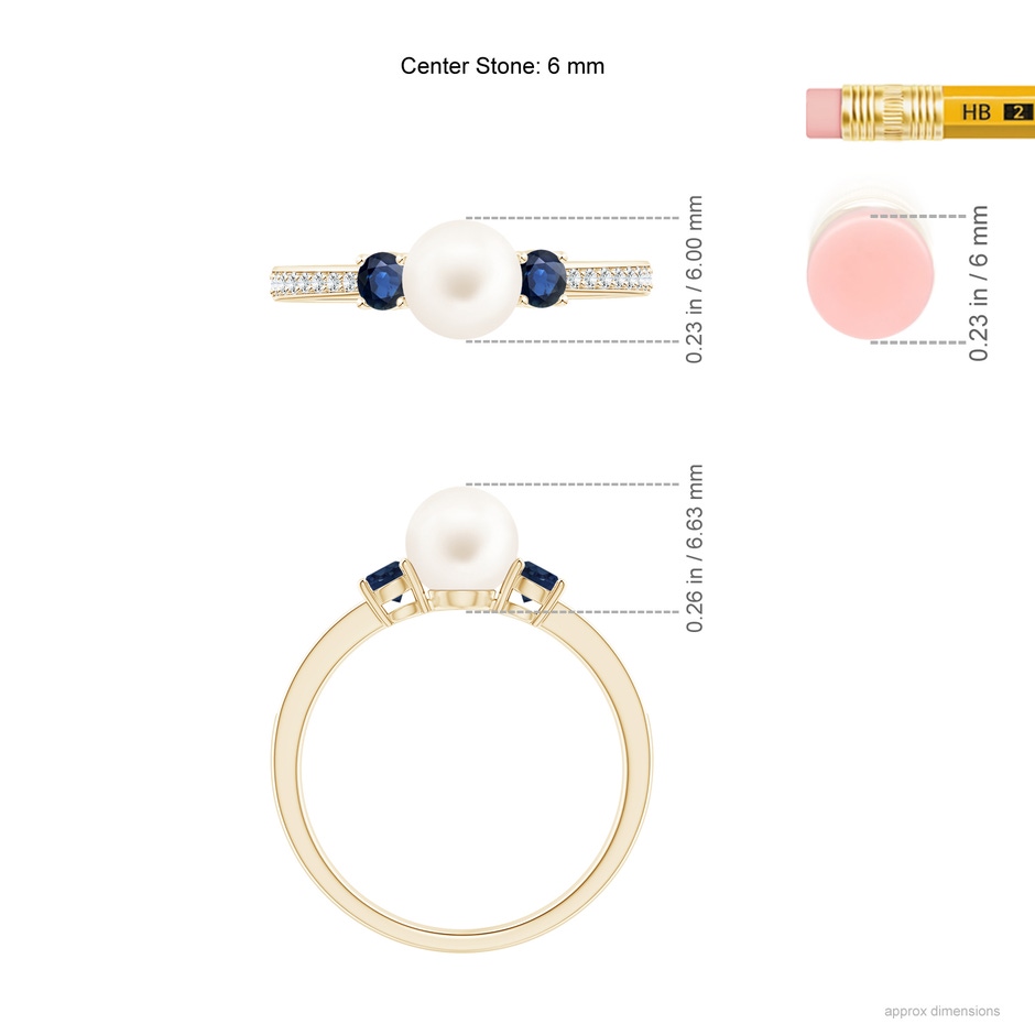 6mm AA Freshwater Pearl & Blue Sapphire Engagement Ring in Yellow Gold ruler