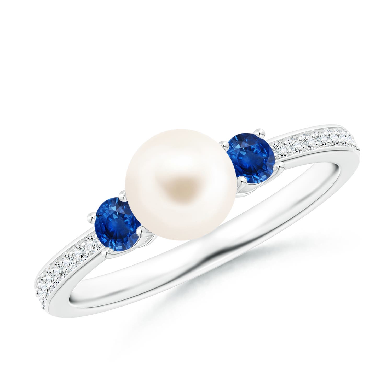 6mm AAA Freshwater Pearl & Blue Sapphire Engagement Ring in P950 Platinum