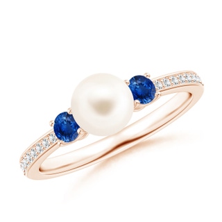 6mm AAA Freshwater Pearl & Blue Sapphire Engagement Ring in Rose Gold