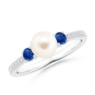 6mm AAA Freshwater Pearl & Blue Sapphire Engagement Ring in White Gold