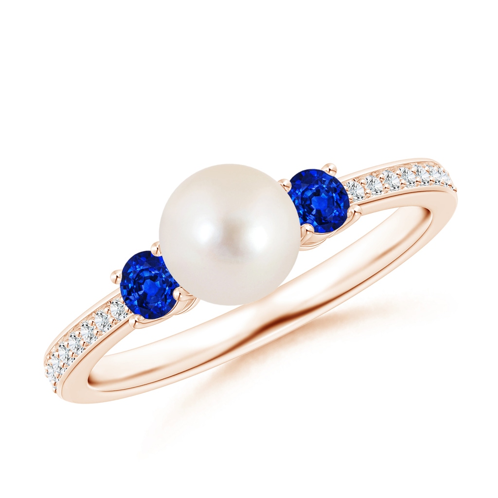 6mm AAAA Freshwater Pearl & Blue Sapphire Engagement Ring in Rose Gold