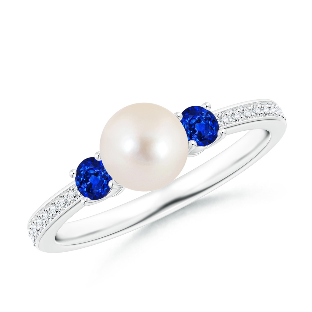 6mm AAAA Freshwater Pearl & Blue Sapphire Engagement Ring in White Gold