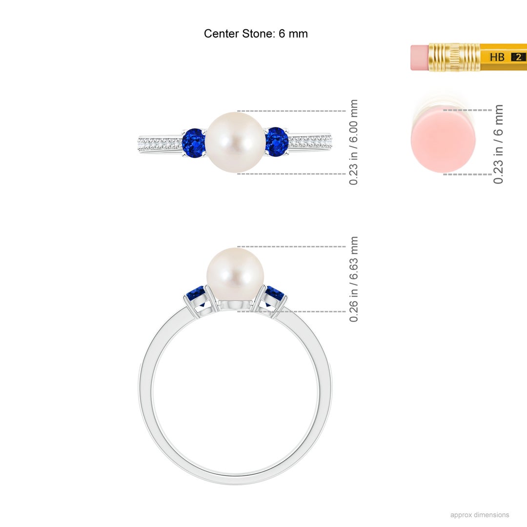 6mm AAAA Freshwater Pearl & Blue Sapphire Engagement Ring in White Gold - ruler