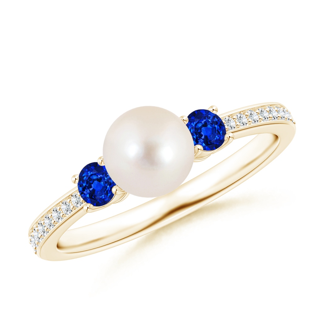 6mm AAAA Freshwater Pearl & Blue Sapphire Engagement Ring in Yellow Gold