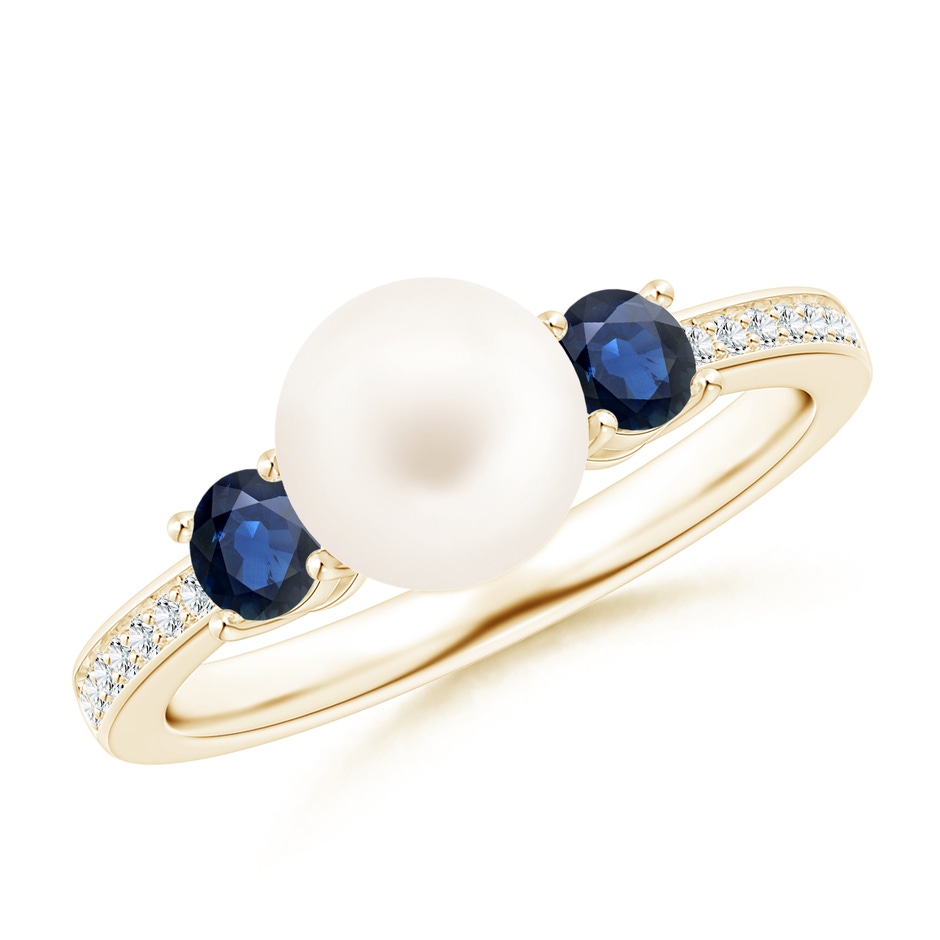 7mm AA Freshwater Pearl & Blue Sapphire Engagement Ring in Yellow Gold 