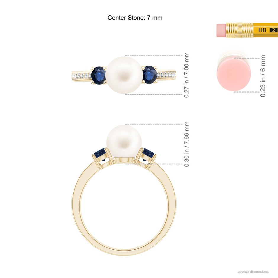 7mm AA Freshwater Pearl & Blue Sapphire Engagement Ring in Yellow Gold ruler