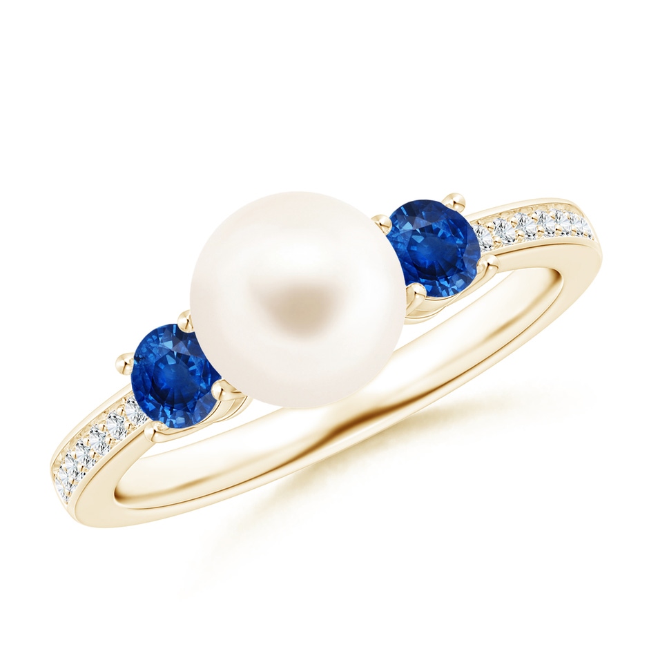 7mm AAA Freshwater Pearl & Blue Sapphire Engagement Ring in Yellow Gold 