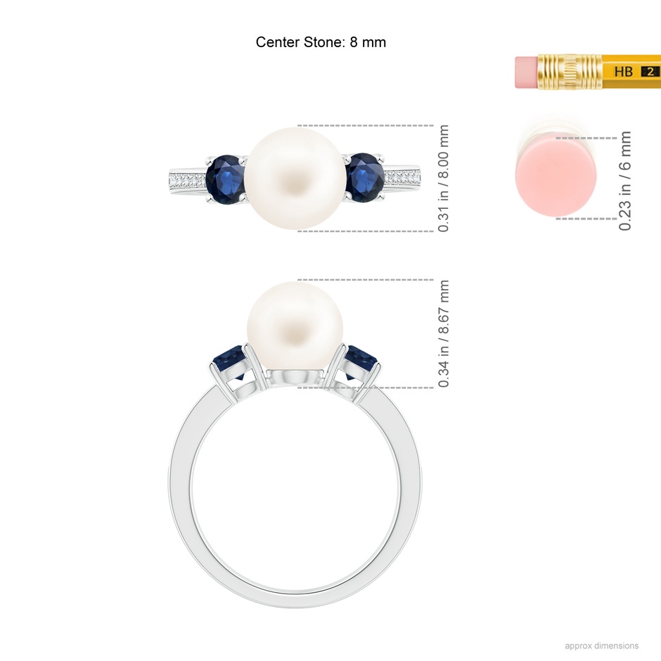 8mm AA Freshwater Pearl & Blue Sapphire Engagement Ring in White Gold ruler