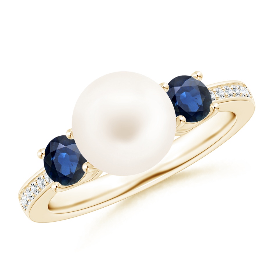 8mm AA Freshwater Pearl & Blue Sapphire Engagement Ring in Yellow Gold 