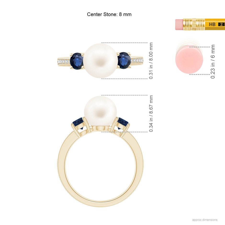 8mm AA Freshwater Pearl & Blue Sapphire Engagement Ring in Yellow Gold ruler