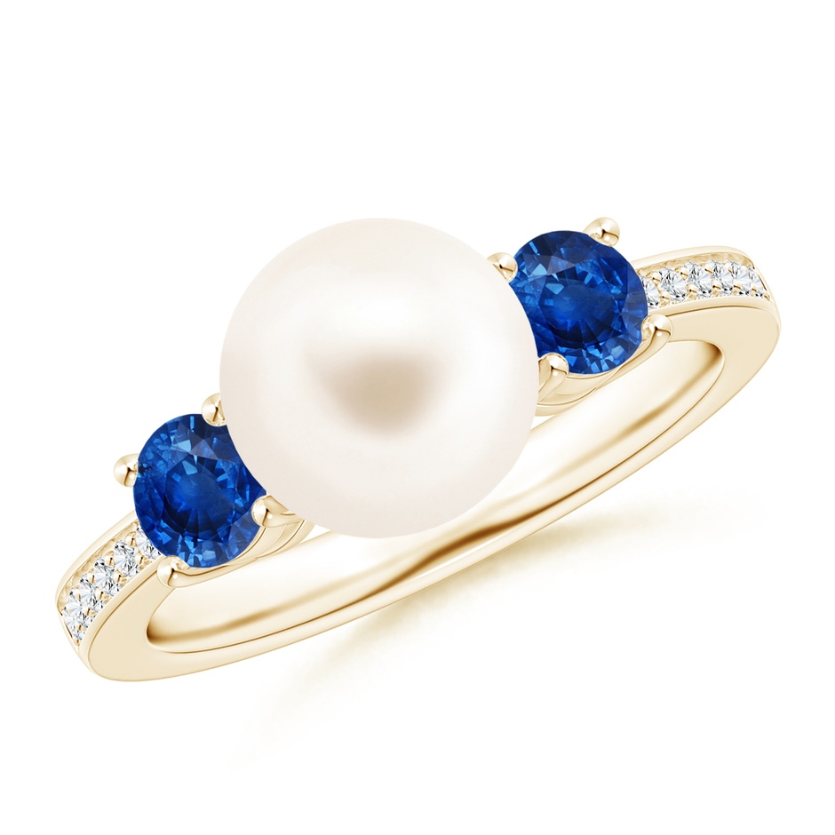 8mm AAA Freshwater Pearl & Blue Sapphire Engagement Ring in Yellow Gold 
