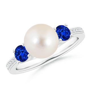 8mm AAAA Freshwater Pearl & Blue Sapphire Engagement Ring in P950 Platinum