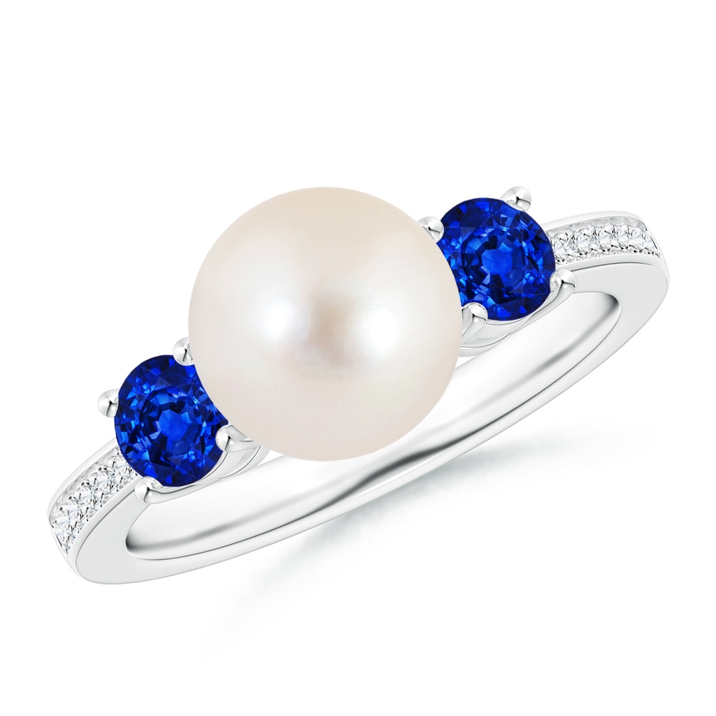 8mm AAAA Freshwater Pearl & Blue Sapphire Engagement Ring in White Gold