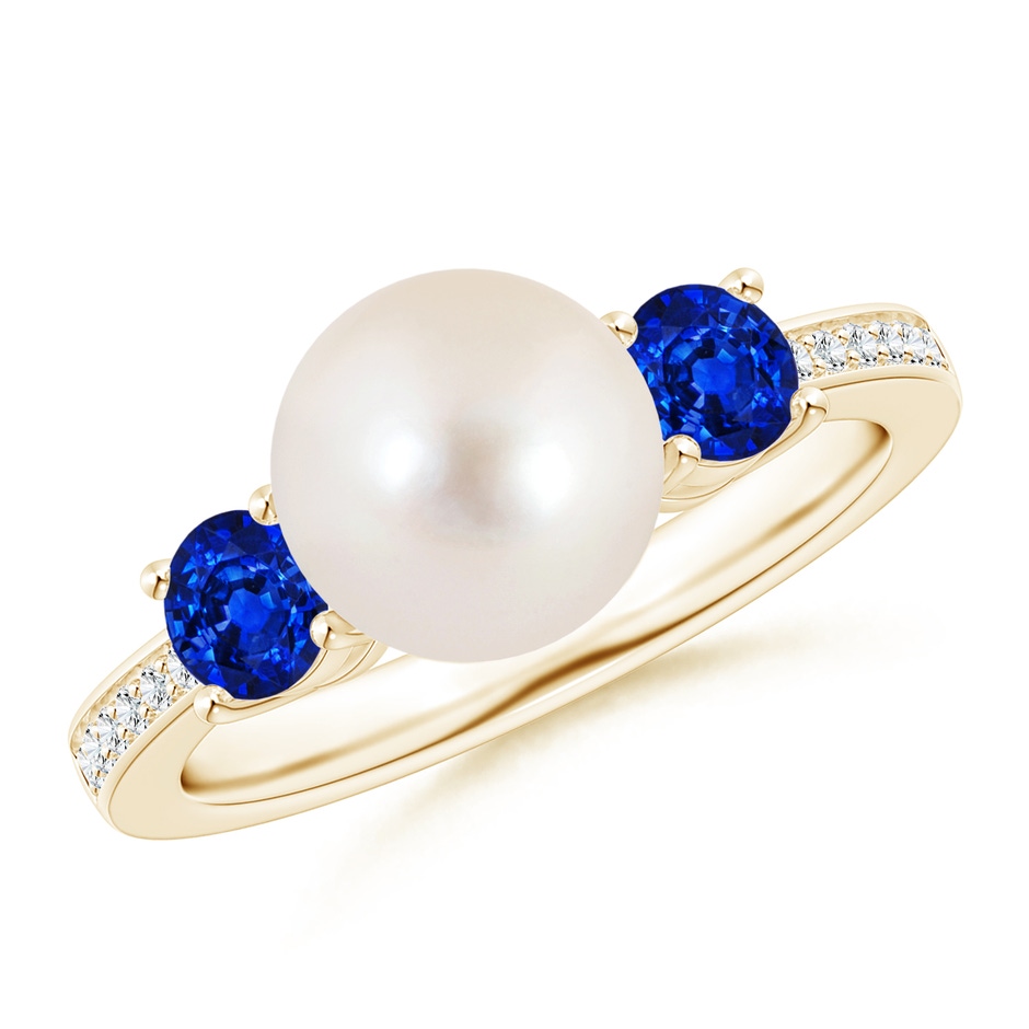 8mm AAAA Freshwater Pearl & Blue Sapphire Engagement Ring in Yellow Gold 