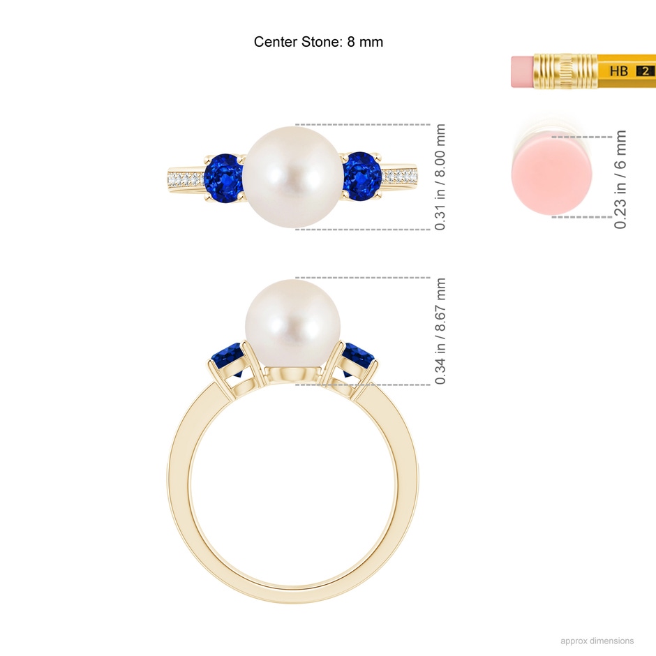 8mm AAAA Freshwater Pearl & Blue Sapphire Engagement Ring in Yellow Gold ruler