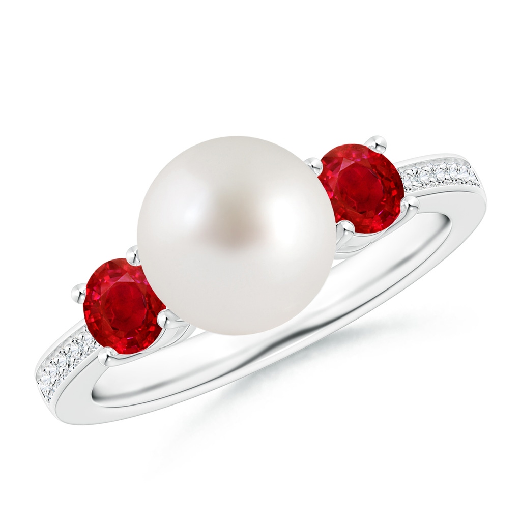 8mm AAA South Sea Pearl & Ruby Engagement Ring in White Gold