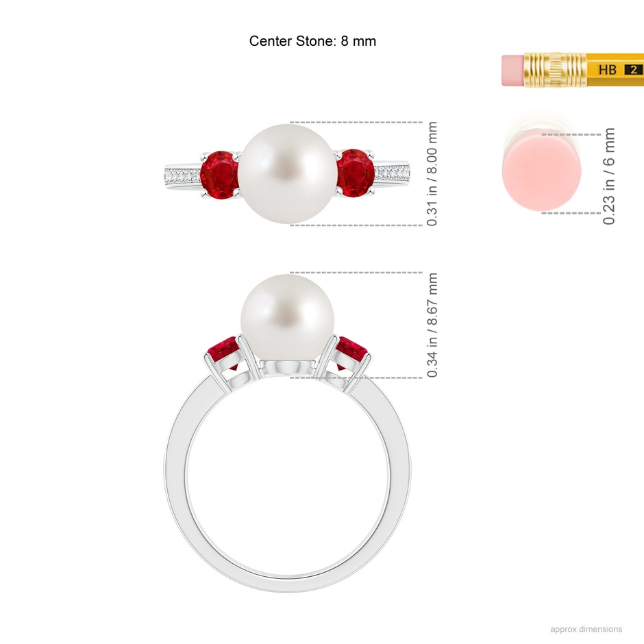 8mm AAA South Sea Pearl & Ruby Engagement Ring in White Gold ruler