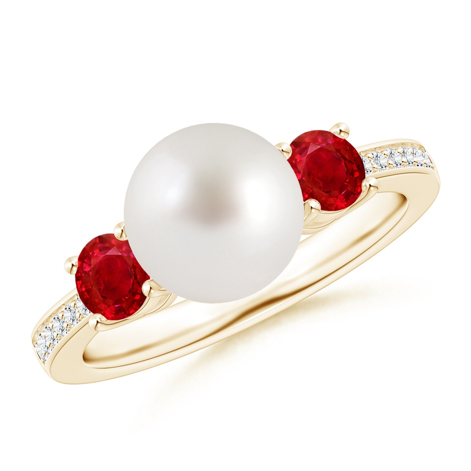 8mm AAA South Sea Pearl & Ruby Engagement Ring in Yellow Gold 