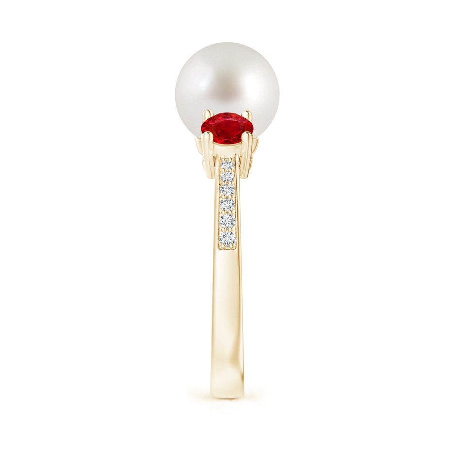 8mm AAA South Sea Pearl & Ruby Engagement Ring in Yellow Gold side 2