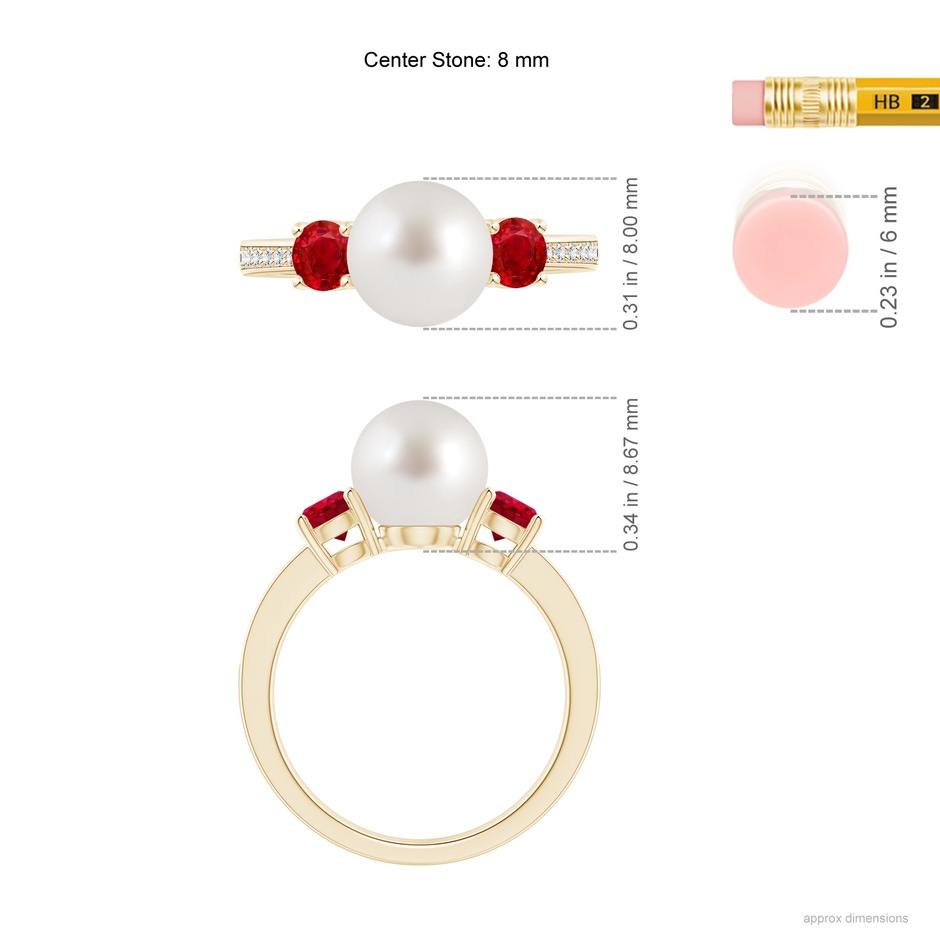 8mm AAA South Sea Pearl & Ruby Engagement Ring in Yellow Gold ruler