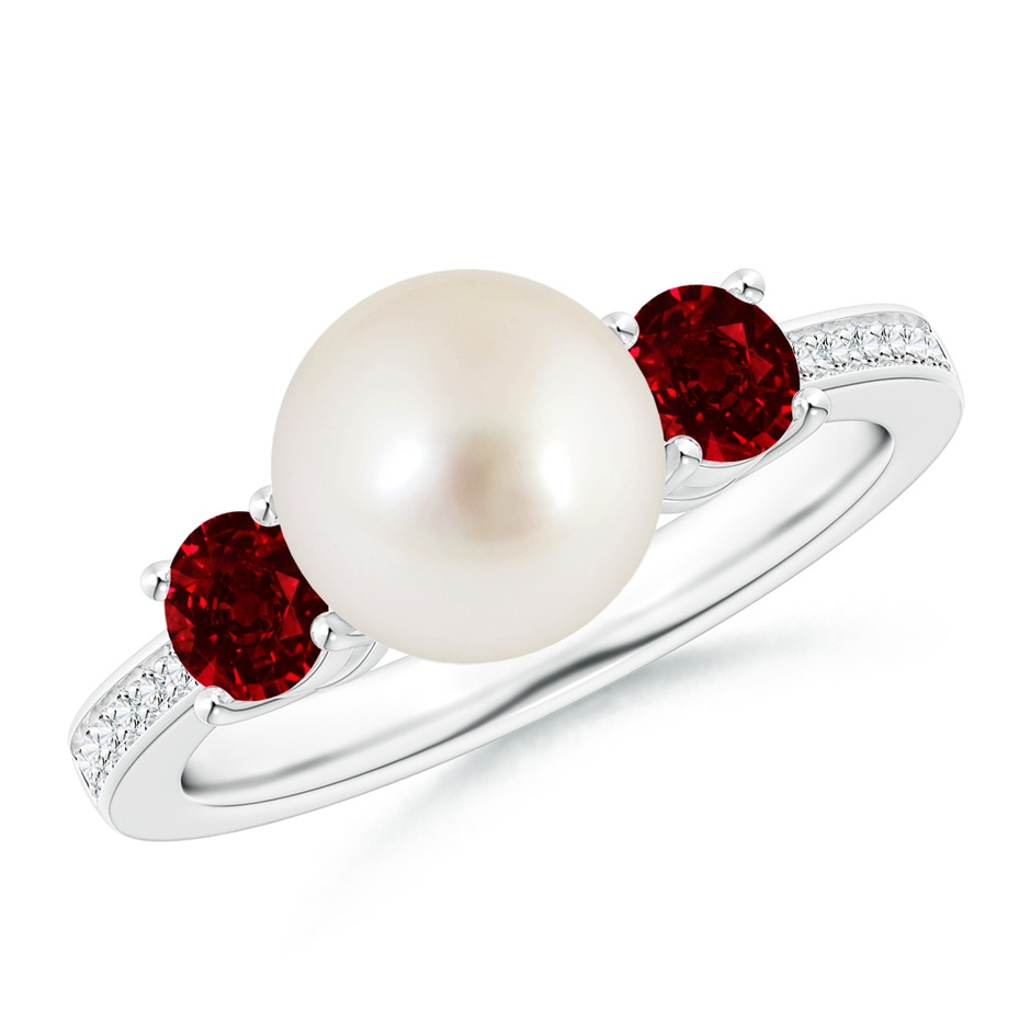 8mm AAAA South Sea Pearl & Ruby Engagement Ring in White Gold 