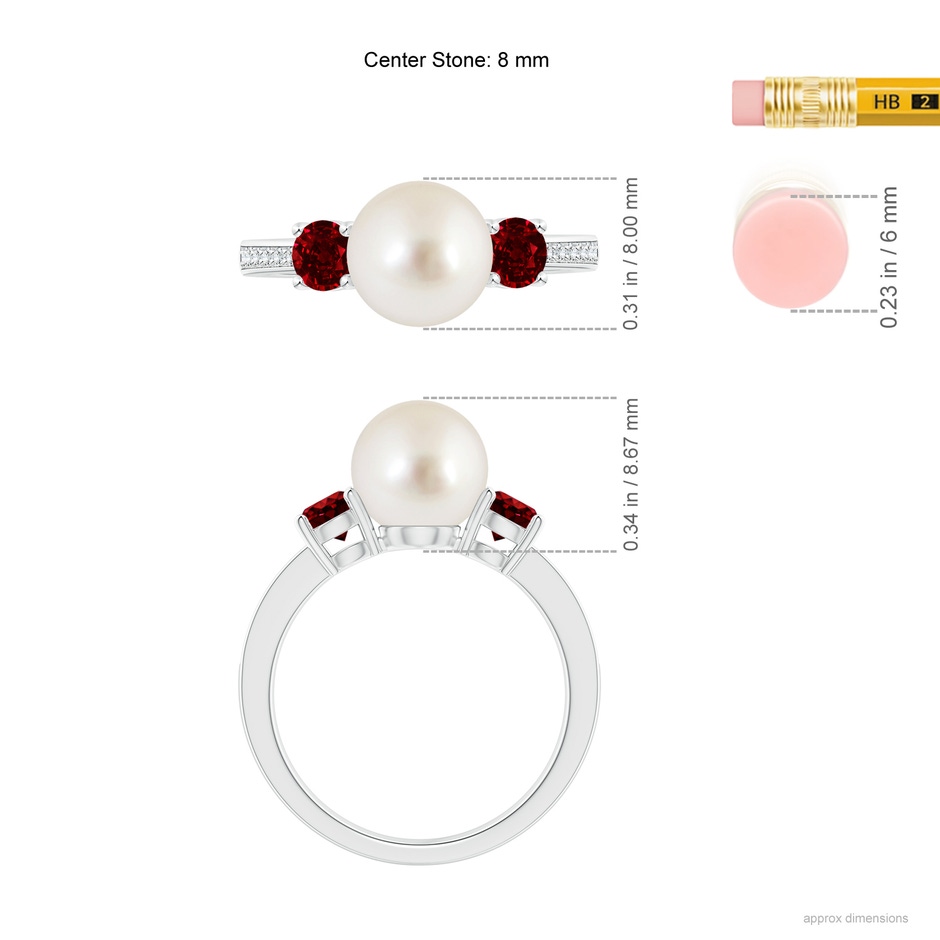 8mm AAAA South Sea Pearl & Ruby Engagement Ring in White Gold ruler
