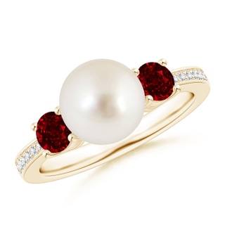 8mm AAAA South Sea Pearl & Ruby Engagement Ring in Yellow Gold