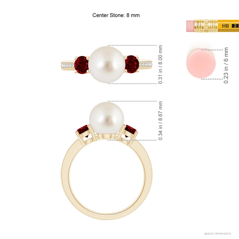 8mm AAAA South Sea Pearl & Ruby Engagement Ring in Yellow Gold ruler