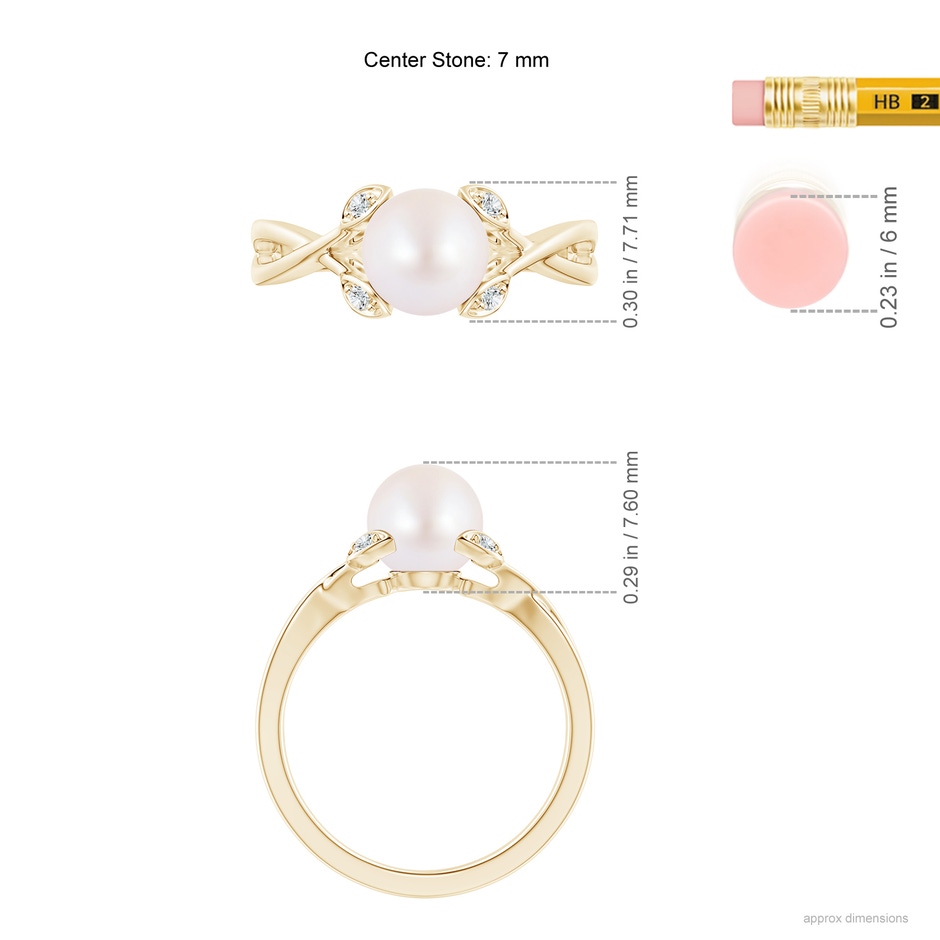 7mm AA Japanese Akoya Pearl Crossover Shank Engagement Ring in Yellow Gold ruler