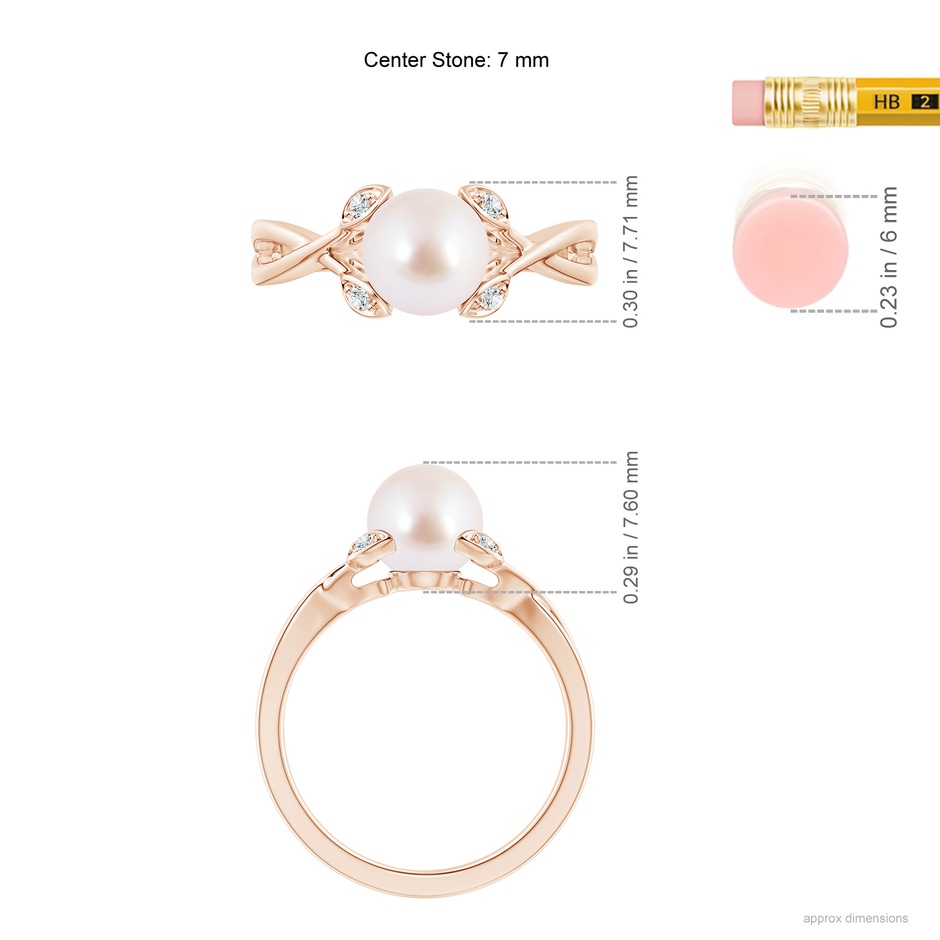 7mm AAA Japanese Akoya Pearl Crossover Shank Engagement Ring in Rose Gold ruler