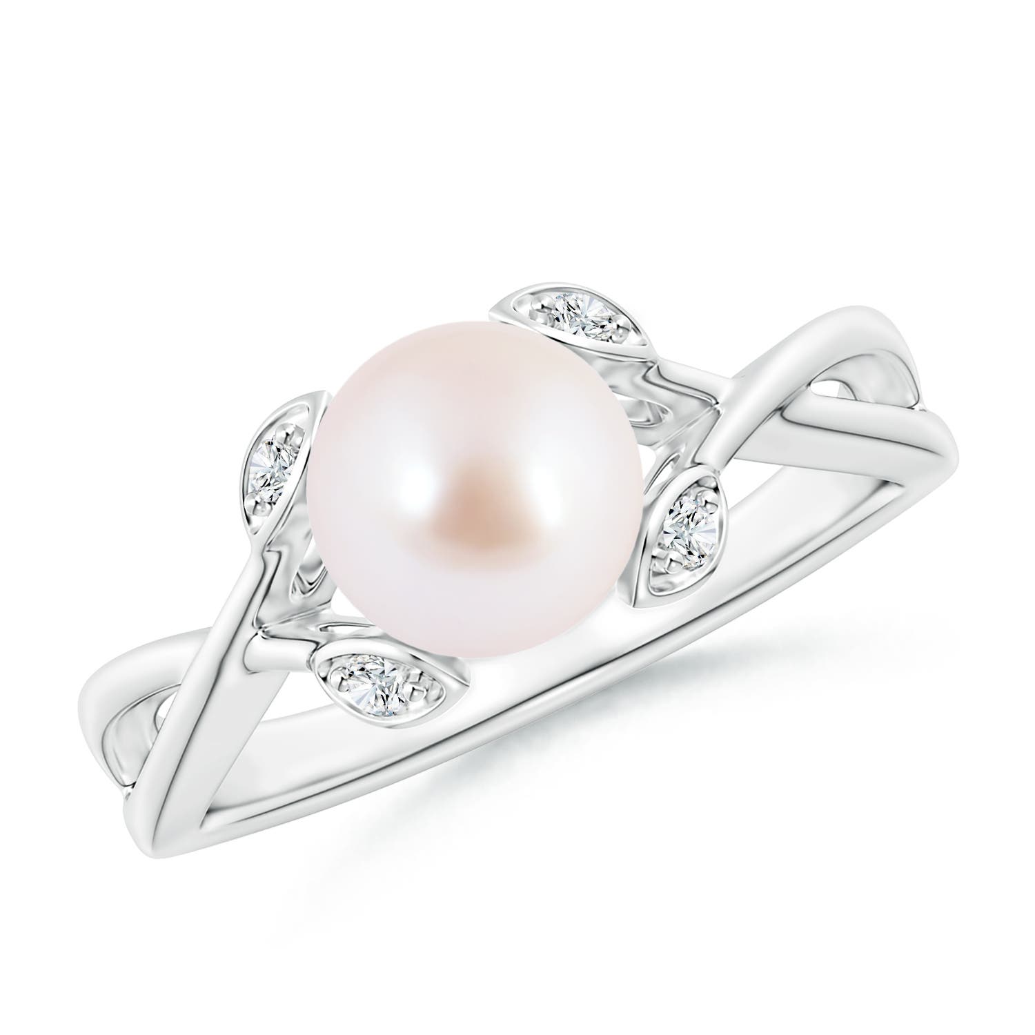 7mm AAA Japanese Akoya Pearl Crossover Shank Engagement Ring in White Gold